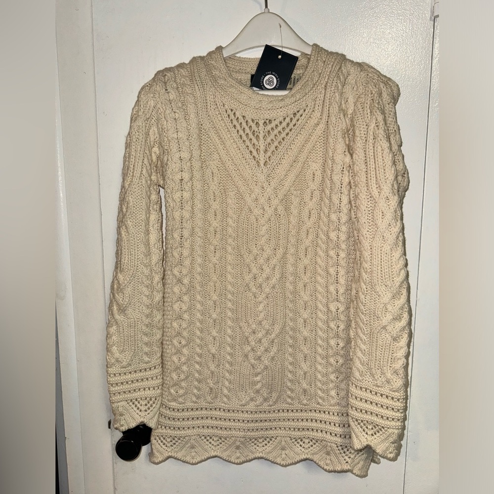 The Irish Store Women's Merino Wool Sweater Cable Knit Ivory Size S